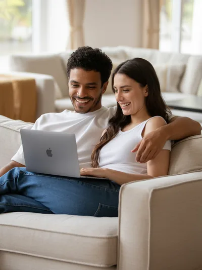 Pareja feliz en casa planificando su hipoteca
